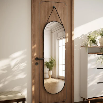 Oval Hanging Mirror with Leather Strap