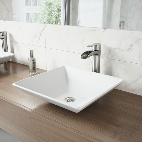 Hibiscus Modern White Matte Stone 16 in. L x 16 in. W x 5 in. H Square Vessel Bathroom Sink - image 2 - other