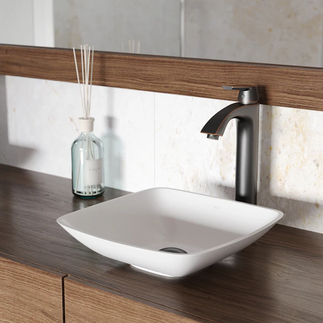 Hyacinth Modern White Matte Stone 14 in. L x 14 in. W x 4 in. H Square Vessel Bathroom Sink - angle 2 - other