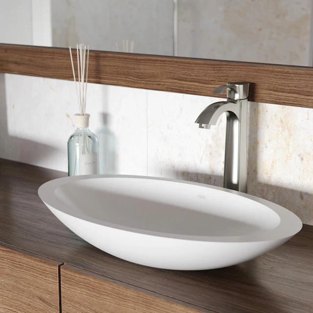 Wisteria Modern White Matte Stone 23 in. L x 14 in. W x 4 in. H Oval Vessel Bathroom Sink - angle 2 - other