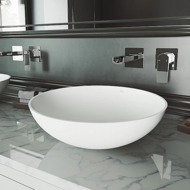 Lotus Modern White Matte Stone 16 in. L x 16 in. W x 5 in. H Round Vessel Bathroom Sink - angle 2 - other