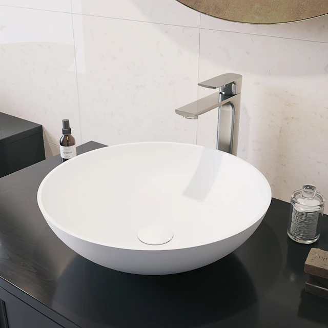 Lotus Modern White Matte Stone 16 in. L x 16 in. W x 5 in. H Round Vessel Bathroom Sink - angle 3 - other