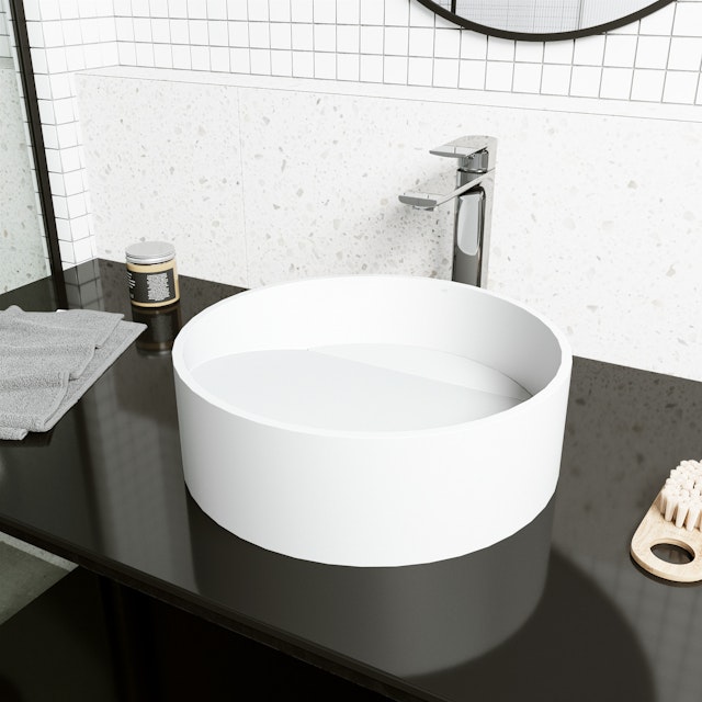 Starr Modern White Matte Stone 15 in. L x 15 in. W x 5 in. H Round Vessel Bathroom Sink - image 3 - other