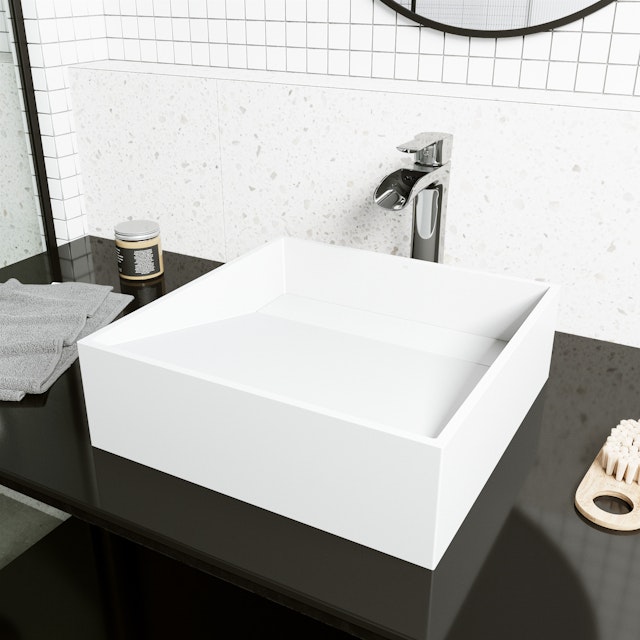Starr Modern White Matte Stone 15 in. L x 15 in. W x 5 in. H Square Vessel Bathroom Sink - image 3 - other