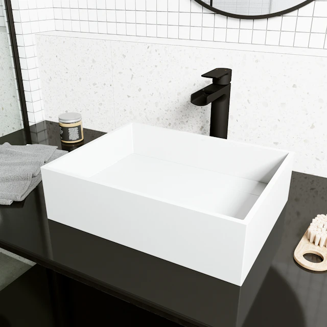 Montauk Modern White Matte Stone 18 in. L x 13 in. W x 5 in. H Rectangular Vessel Bathroom Sink - angle 3 - other