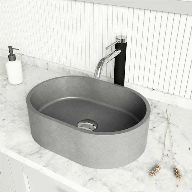 Giralda Gothic Gray Concreto Stone 16 in. L x 11 in. W x 5 in. H Oval Vessel Bathroom Sink - angle 2 - other