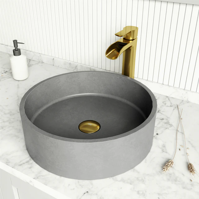 Palermo Gothic Gray Concreto Stone 15 in. L x 15 in. W x 5 in. H Round Vessel Bathroom Sink - angle 2 - other