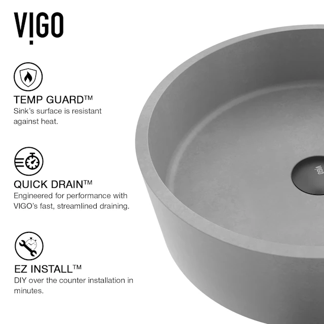 Palermo Gothic Gray Concreto Stone 15 in. L x 15 in. W x 5 in. H Round Vessel Bathroom Sink - angle 5 - other