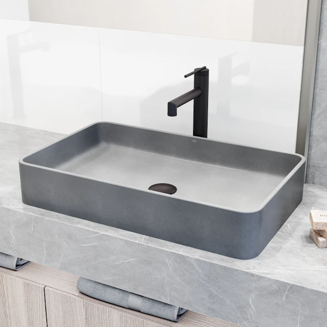 Basilica Gothic Gray Concreto Stone 23 in. L x 14 in. W x 4 in. H Rectangular Vessel Bathroom Sink - angle 3 - other