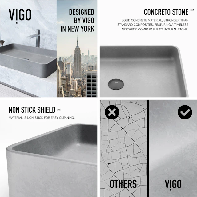 Basilica Gothic Gray Concreto Stone 23 in. L x 14 in. W x 4 in. H Rectangular Vessel Bathroom Sink - angle 6 - other