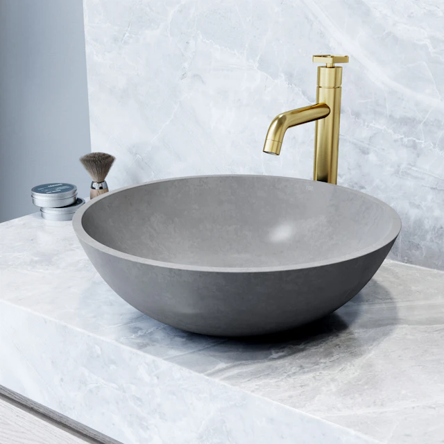 Ravenna Gothic Gray Concreto Stone 16 in. L x 16 in. W x 5 in. H Round Vessel Bathroom Sink - angle 1 - other