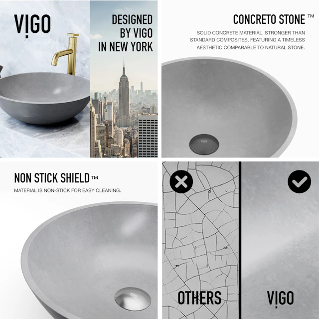 Ravenna Gothic Gray Concreto Stone 16 in. L x 16 in. W x 5 in. H Round Vessel Bathroom Sink - angle 6 - other