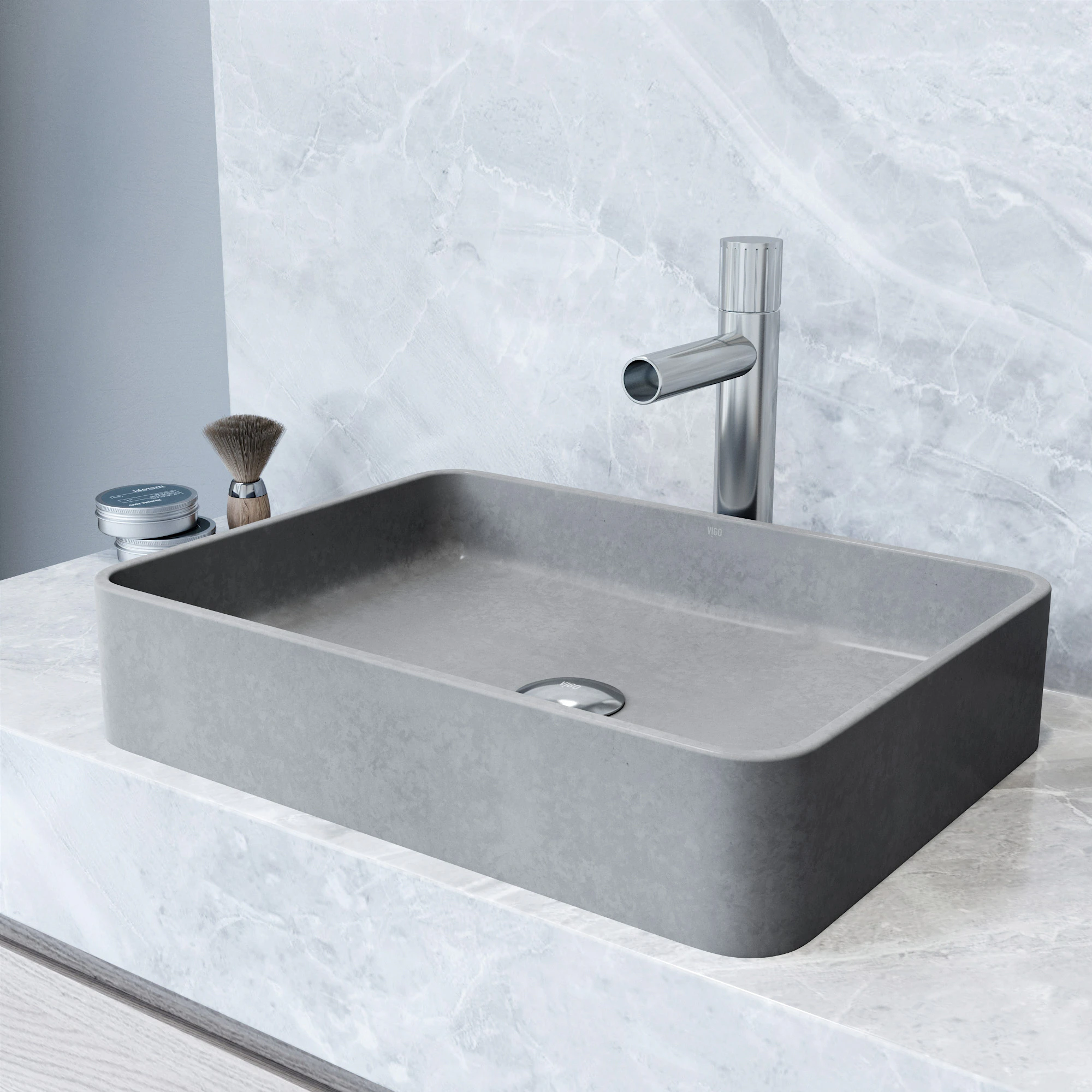 Tarragona Gothic Gray Concreto Stone 19 in. L x 14 in. W x 4 in. H Rectangular Vessel Bathroom Sink