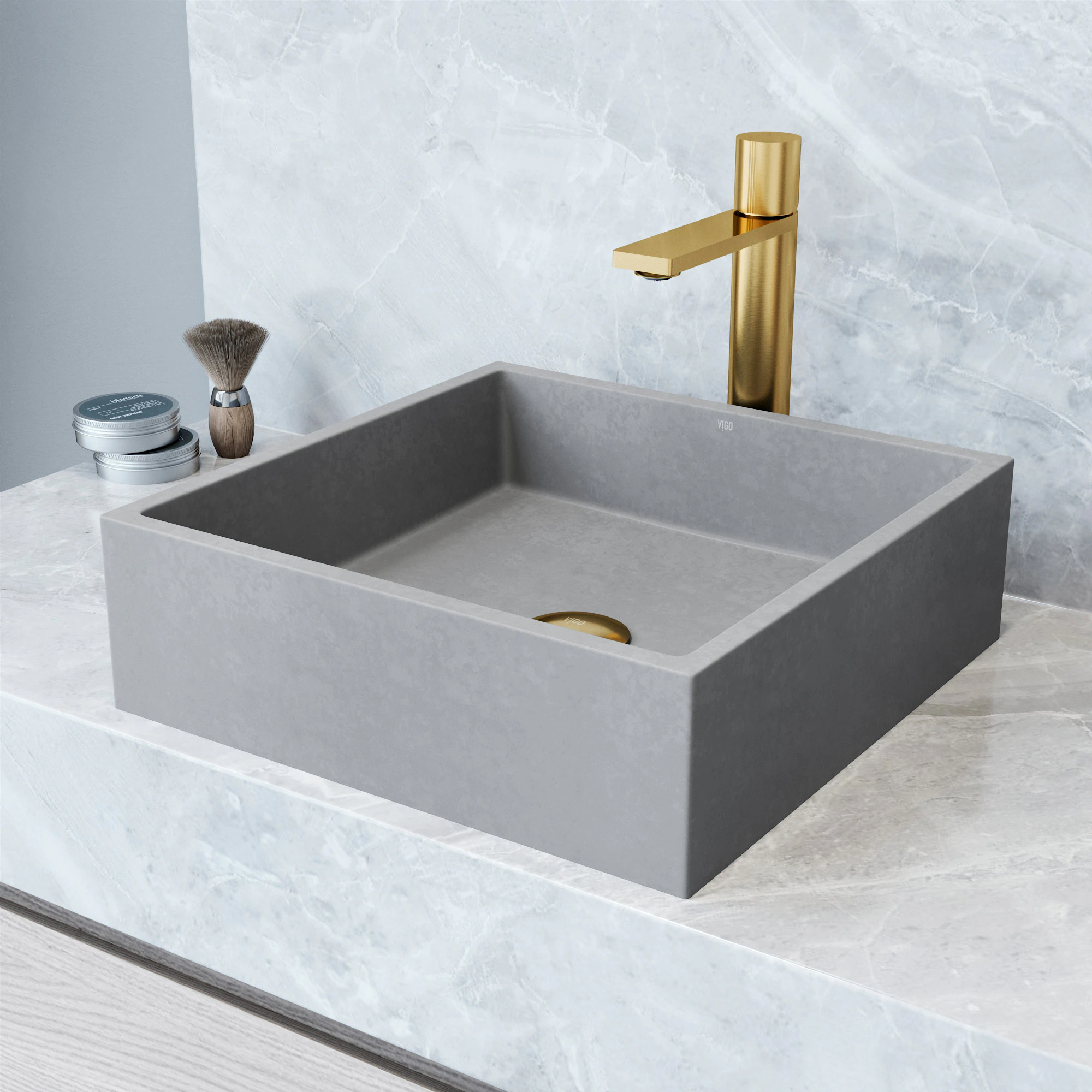 Alhambra Gothic Gray Concreto Stone 15 in. L x 15 in. W x 5 in. H Square Vessel Bathroom Sink