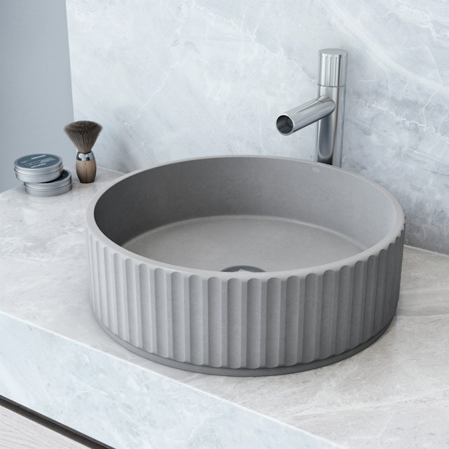Windsor Modern Gray Concreto Stone 16 in. L x 16 in. W x 5 in. H Round Fluted Bathroom Vessel Sink - image 10 - other