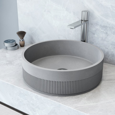 Cypress Modern Gray Concreto Stone 16 in. L x 16 in. W x 5 in. H Round Fluted Bathroom Vessel Sink - image 10 - other