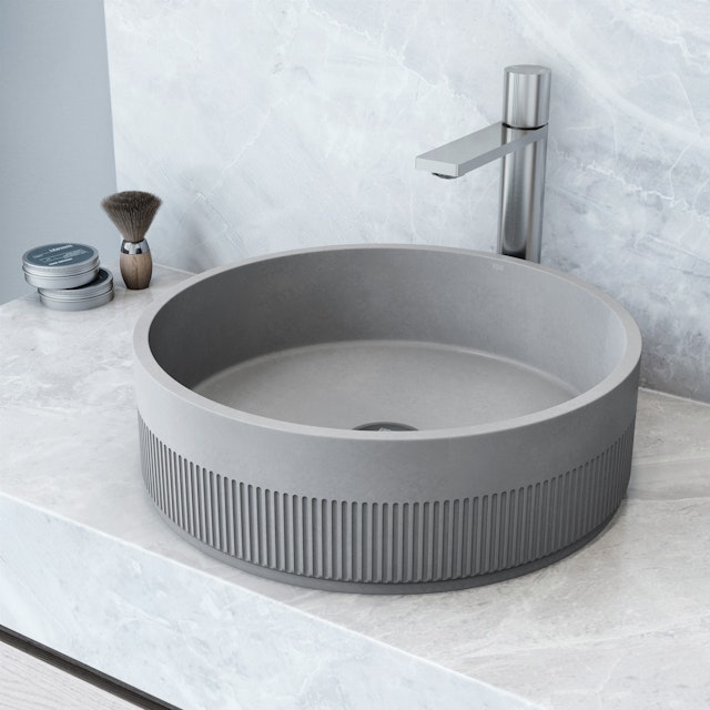 Cypress Modern Gray Concreto Stone 16 in. L x 16 in. W x 5 in. H Round Fluted Bathroom Vessel Sink - image 10 - other