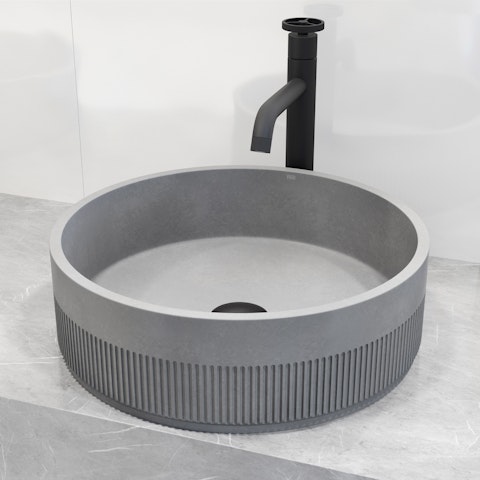 Cypress Modern Gray Concreto Stone 16 in. L x 16 in. W x 5 in. H Round Fluted Bathroom Vessel Sink - image 3 - other