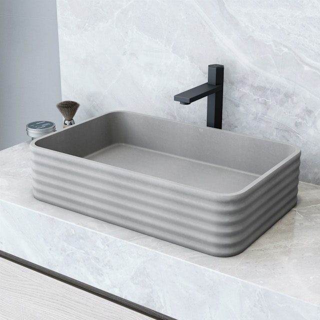 Cadman Modern Gray Concreto Stone 21 in. L x 14 in. W x 5 in. H Rectangular Fluted Bathroom Vessel Sink - image 10 - other
