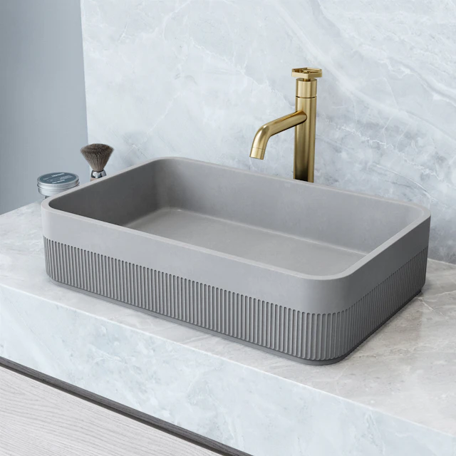 Cypress Modern Gray Concreto Stone 21 in. L x 14 in. W x 5 in. H Rectangular Fluted Bathroom Vessel Sink - angle 10 - other
