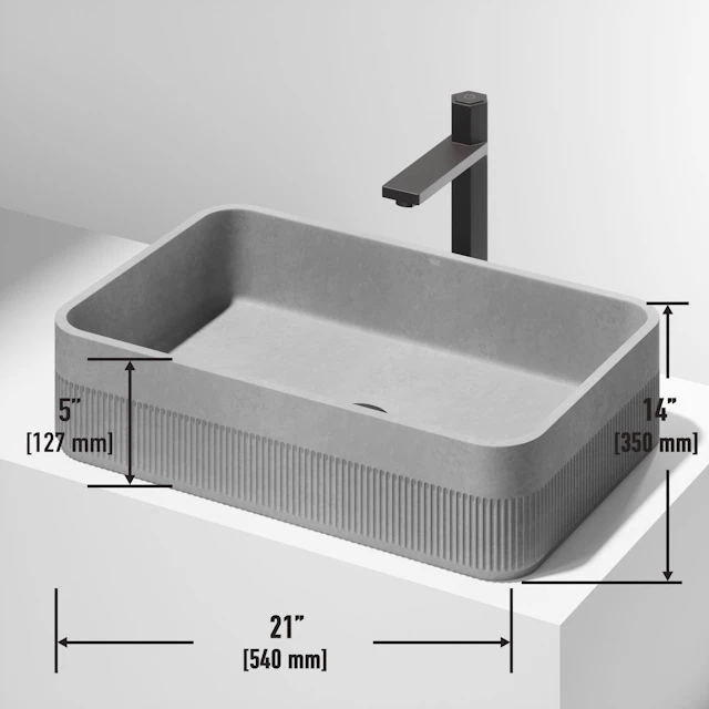 Cypress Modern Gray Concreto Stone 21 in. L x 14 in. W x 5 in. H Rectangular Fluted Bathroom Vessel Sink - angle 2 - other