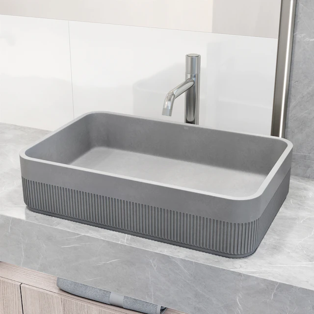 Cypress Modern Gray Concreto Stone 21 in. L x 14 in. W x 5 in. H Rectangular Fluted Bathroom Vessel Sink - angle 3 - other