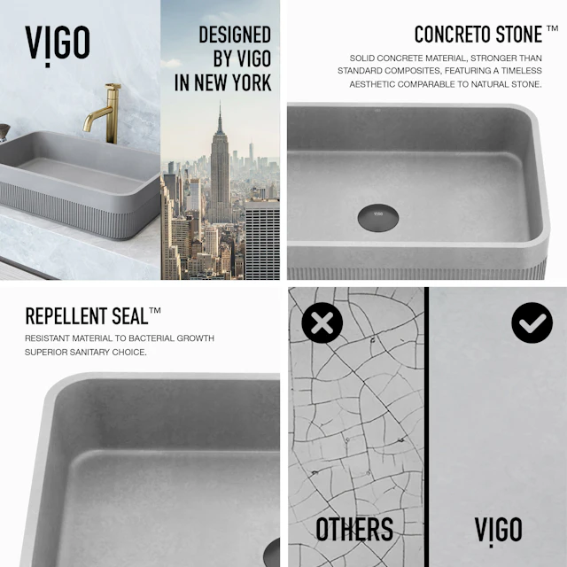 Cypress Modern Gray Concreto Stone 21 in. L x 14 in. W x 5 in. H Rectangular Fluted Bathroom Vessel Sink - angle 5 - other