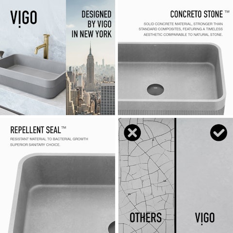 Cypress Modern Gray Concreto Stone 21 in. L x 14 in. W x 5 in. H Rectangular Fluted Bathroom Vessel Sink - image 5 - other