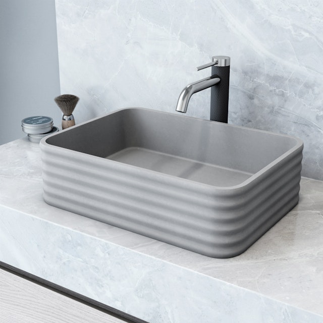 Cadman Modern Gray Concreto Stone 18 in. L x 13 in. W x 5 in. H Rectangular Fluted Bathroom Vessel Sink - image 10 - other