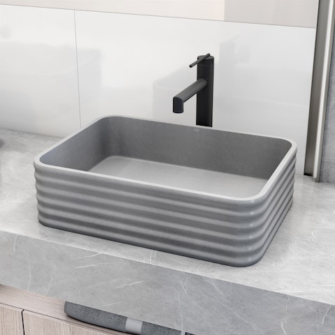 Cadman Modern Gray Concreto Stone 18 in. L x 13 in. W x 5 in. H Rectangular Fluted Bathroom Vessel Sink - image 3 - other