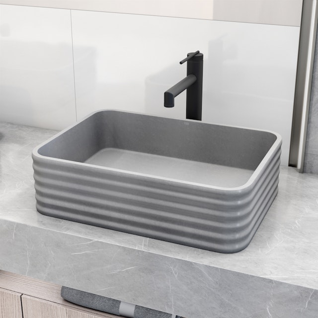 Cadman Modern Gray Concreto Stone 18 in. L x 13 in. W x 5 in. H Rectangular Fluted Bathroom Vessel Sink - image 3 - other