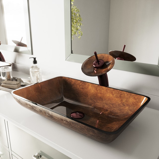 Donatello Artistic Chocolate Brown Glass 22 in. L x 15 in. W x 5 in. H Rectangular Vessel Bathroom Sink - image 3 - other