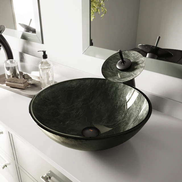 Giovanni Onyx Gray Glass 17 in. L x 17 in. W x 6 in. H Round Vessel Bathroom Sink - angle 3 - other