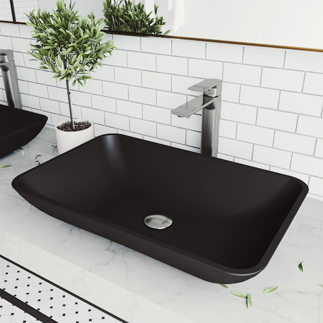 Hadyn Modern Black Matte Shell Glass 22 in. L x 14 in. W x 4 in. H Rectangular Vessel Bathroom Sink - angle 2 - other