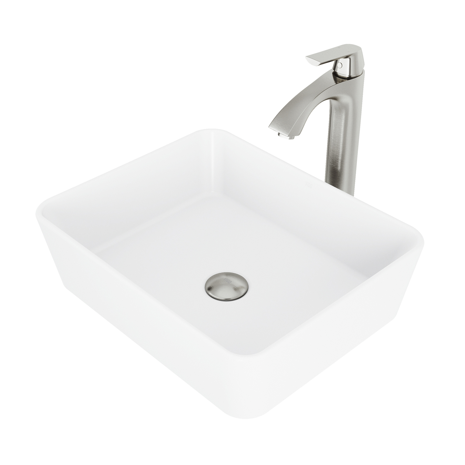 Matte Stone Marigold Composite Rectangular Vessel Bathroom Sink in White with Faucet and Pop-Up Drain