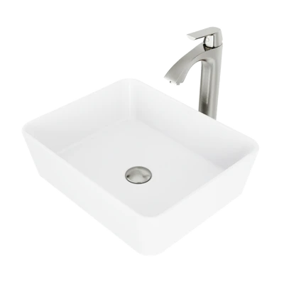 Matte Stone Marigold Composite Rectangular Vessel Bathroom Sink in White with Faucet and Pop-Up Drain