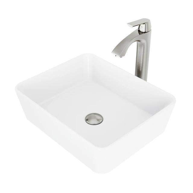 Matte Stone Marigold Composite Rectangular Vessel Bathroom Sink in White with Faucet and Pop-Up Drain - angle 1 - other