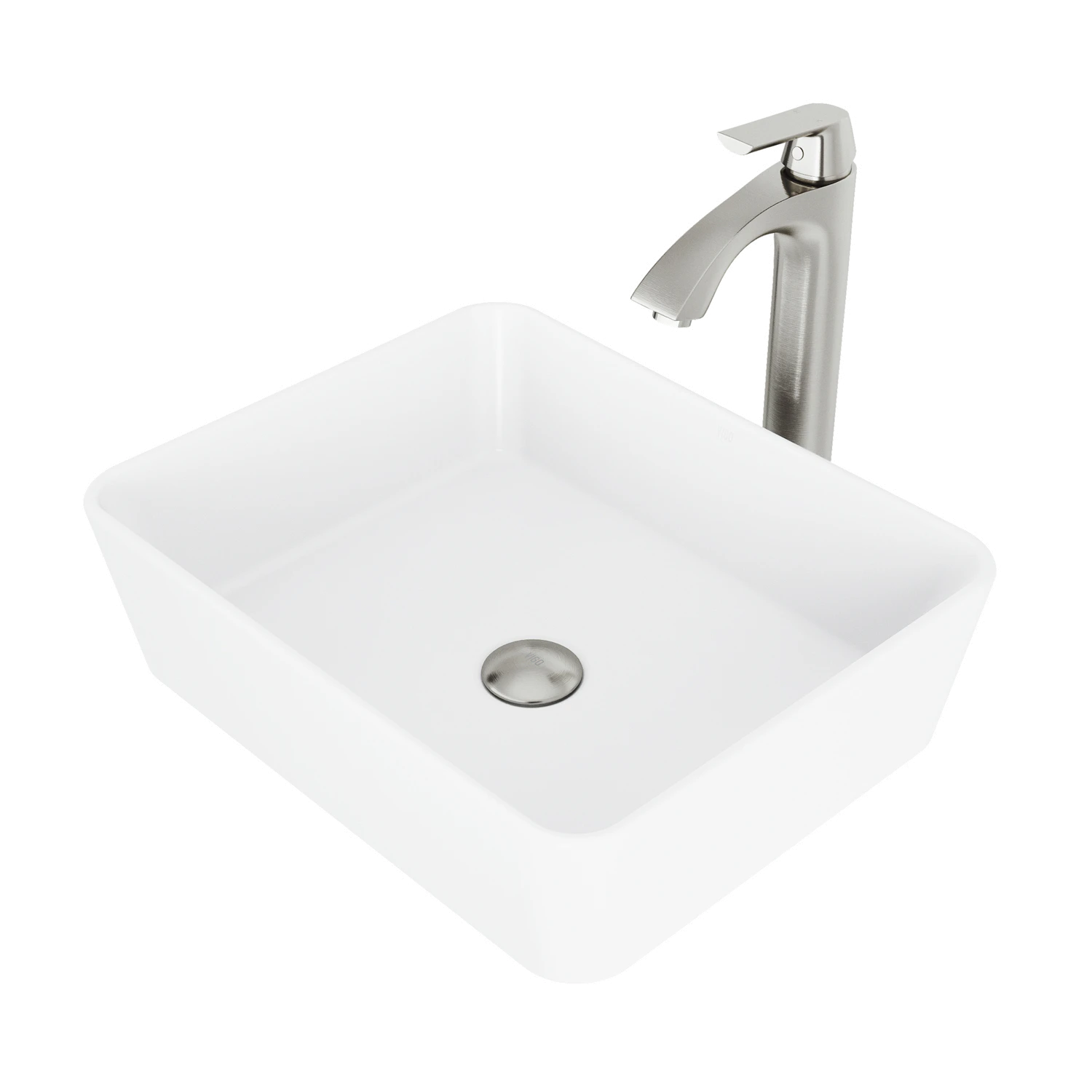 Matte Stone Marigold Composite Rectangular Vessel Bathroom Sink in White with Faucet and Pop-Up Drain