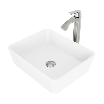 Matte Stone Marigold Composite Rectangular Vessel Bathroom Sink in White with Faucet and Pop-Up Drain