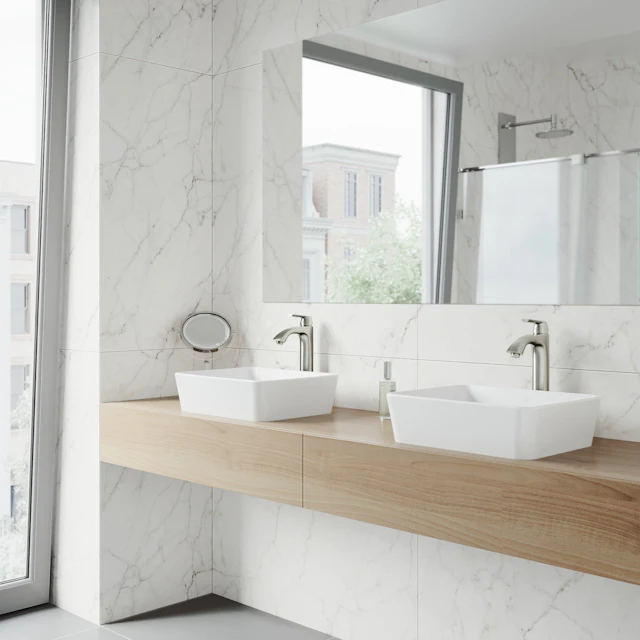 Matte Stone Marigold Composite Rectangular Vessel Bathroom Sink in White with Faucet and Pop-Up Drain - angle 2 - other