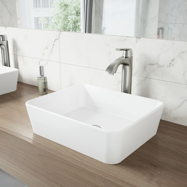 Matte Stone Marigold Composite Rectangular Vessel Bathroom Sink in White with Faucet and Pop-Up Drain - angle 4 - other