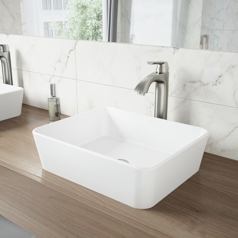Matte Stone Marigold Composite Rectangular Vessel Bathroom Sink in White with Faucet and Pop-Up Drain - image 4 - other
