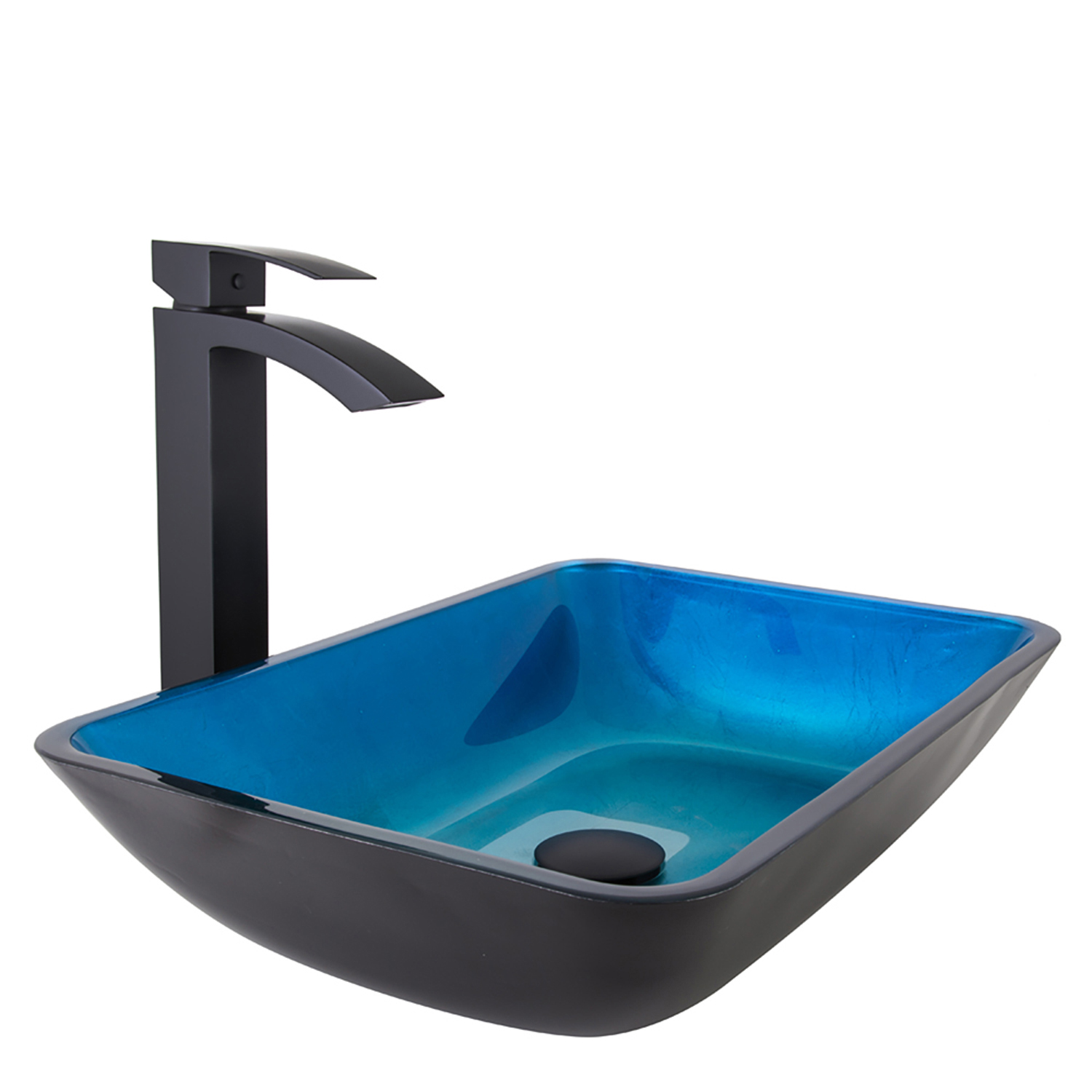 Glass Rectangular Vessel Bathroom Sink in Turquoise Blue with Duris Faucet and Pop-Up Drain