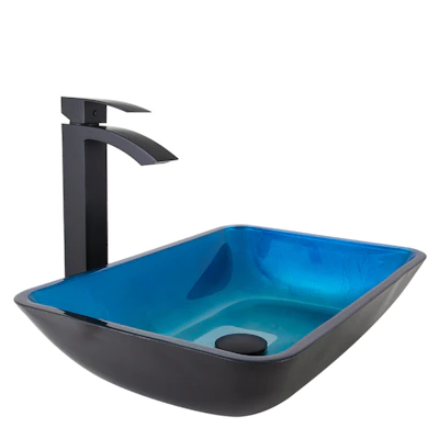 Glass Rectangular Vessel Bathroom Sink in Turquoise Blue with Duris Faucet and Pop-Up Drain