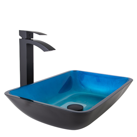 Glass Rectangular Vessel Bathroom Sink in Turquoise Blue with Duris Faucet and Pop-Up Drain - image 1 - other