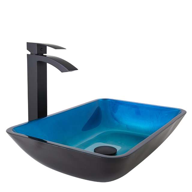 Glass Rectangular Vessel Bathroom Sink in Turquoise Blue with Duris Faucet and Pop-Up Drain - image 1 - other