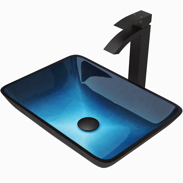 Glass Rectangular Vessel Bathroom Sink in Turquoise Blue with Duris Faucet and Pop-Up Drain - angle 4 - other