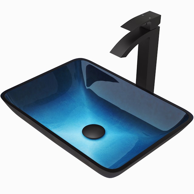 Glass Rectangular Vessel Bathroom Sink in Turquoise Blue with Duris Faucet and Pop-Up Drain - image 4 - other