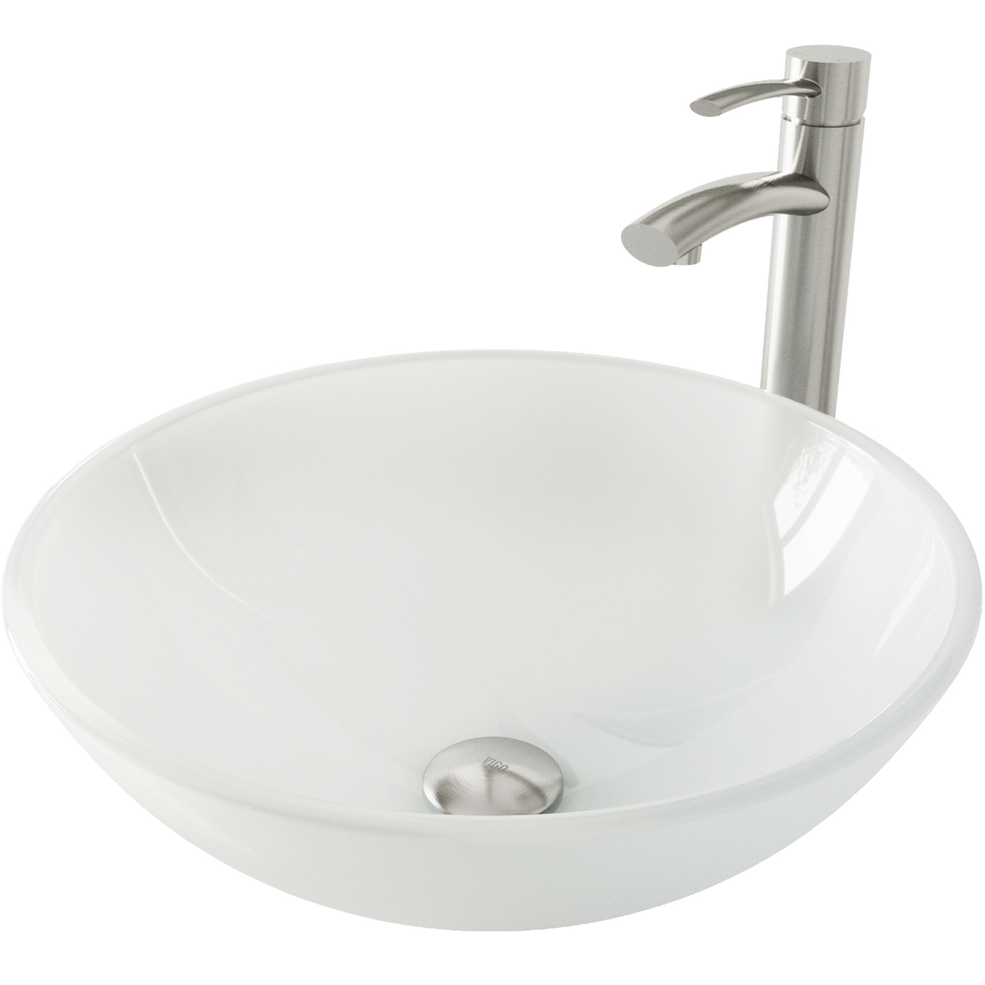 Glass Round Vessel Bathroom Sink in Frosted White with Milo Faucet and Pop-Up Drain