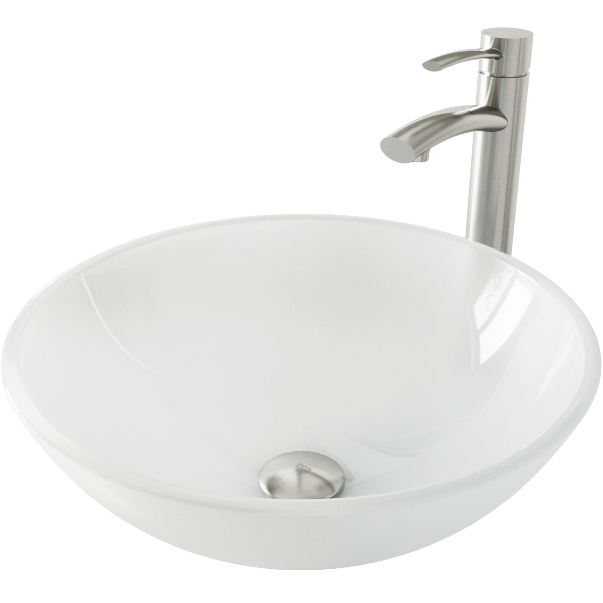 Glass Round Vessel Bathroom Sink in Frosted White with Milo Faucet and Pop-Up Drain